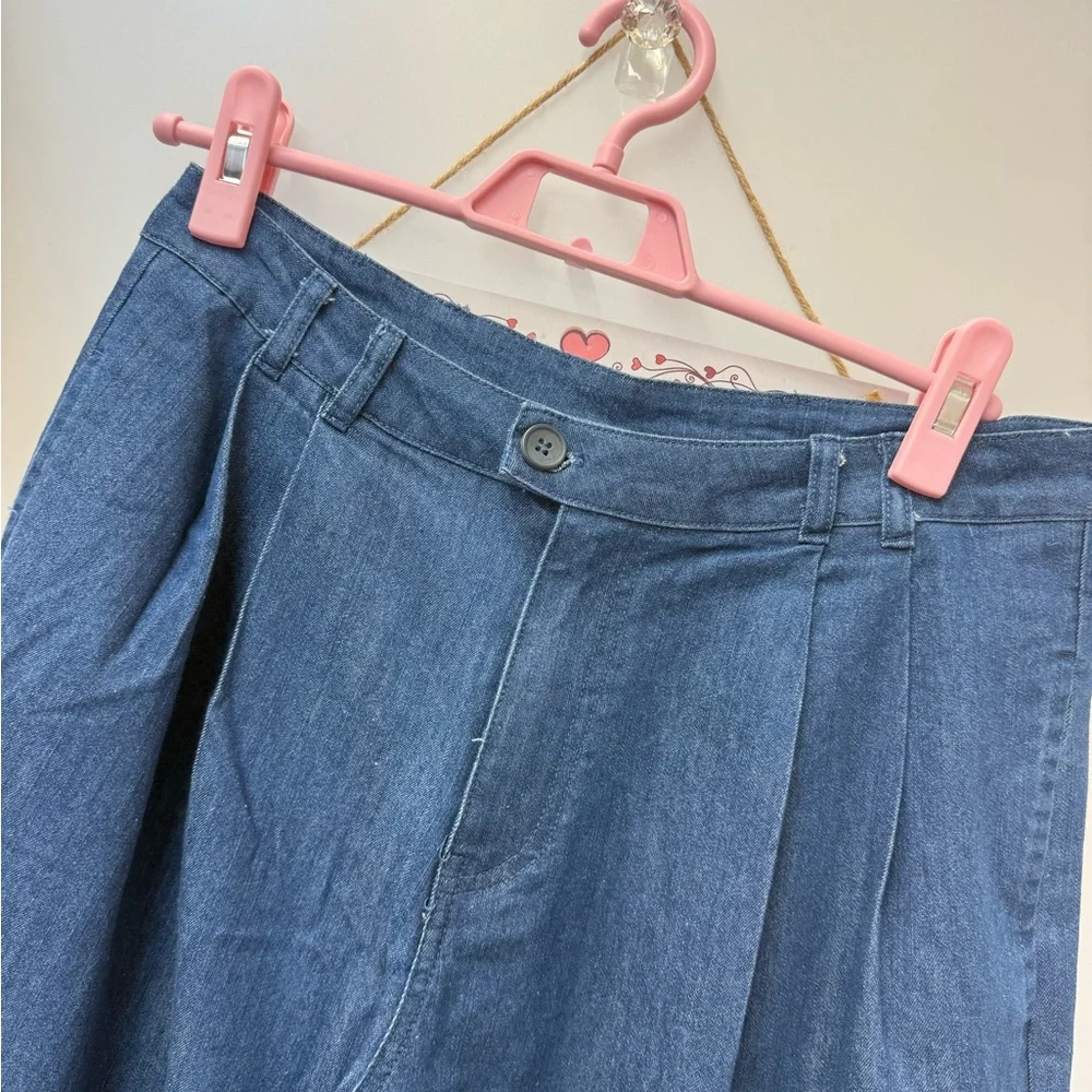 Pleated Wide Leg Chambray Pants – High Waist Lightweight Denim Pants - Picture 6 of 8
